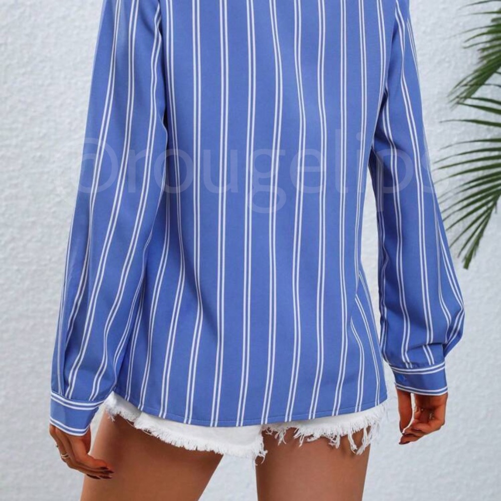 Blue White Striped Shirt Button Up / Down Long Sleeve, Collar - Picture 7 of 9